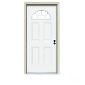 36 in. x 80 in. Fan Lite White Painted Steel Prehung Left-Hand Inswing Front Door w/Brickmould