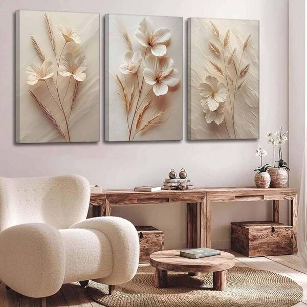3Pcs Neutral Beige Floral Botanical Canvas Wall Art Modern Simple