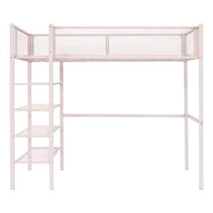 Pink Twin Size Metal Loft Bed with 4-Tier Shelves and Storage
