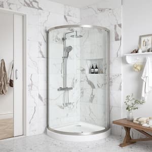 Breeze 32 in. L x 32 in. W x 76.97 in. H Corner Shower Kit with Clear Framed Sliding Door in Satin Nickel and Shower Pan