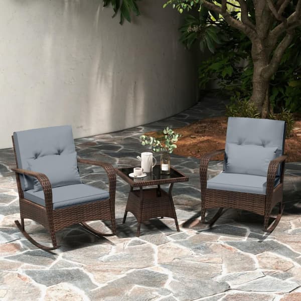Clihome 3-Piece Wicker Outdoor Patio Conversation Rocking Set with Tempered Glass Coffee Table and Gray Cushions