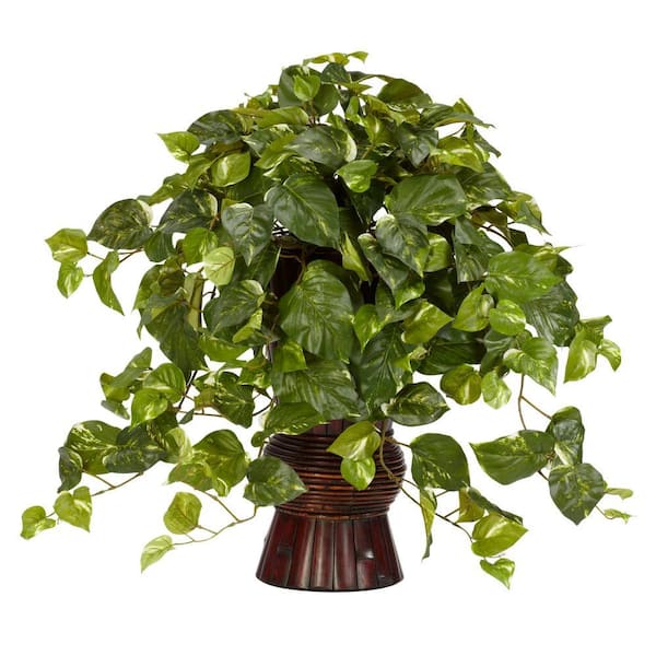 Nearly Natural 28 in. Artificial H Green Pothos with Bamboo Vase Silk Plant
