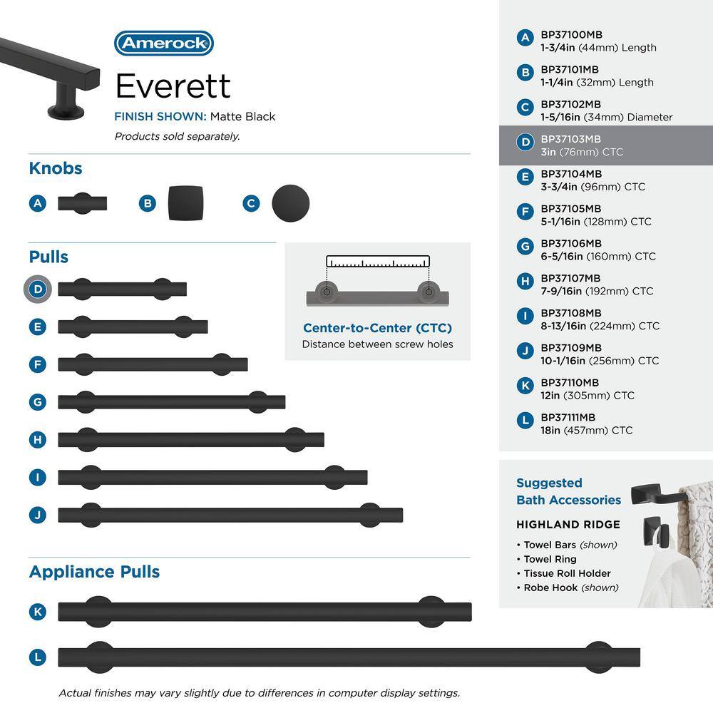 Everett 3 inch Matte Black Modern Cabinet Pull with Mounting Hardware