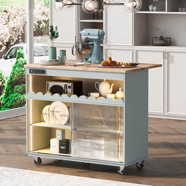Runesay Gray Blue Rubberwood Drop Leaf 44.04 in. LED Light Kitchen Island Cart Large Storage with 2 Cabinet and 1 open Shelf
