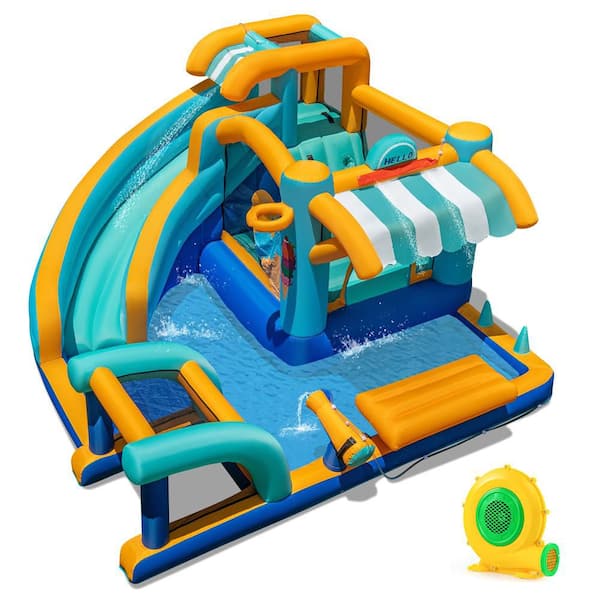 Inflatable Water Park Bounce House with Market Stand Water Slide with Climbing Wall and 680W Blower