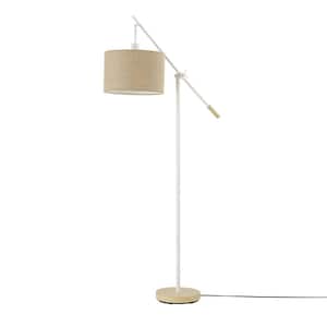 66 in. Matte White Floor Lamp with Faux Wood Accents and Jute Shade, Dimmable Rotary Switch on Socket