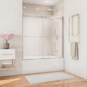 Essence 60 in. W x 60 in. H Sliding Frameless Tub Door in Brushed Nickel with Clear Glass