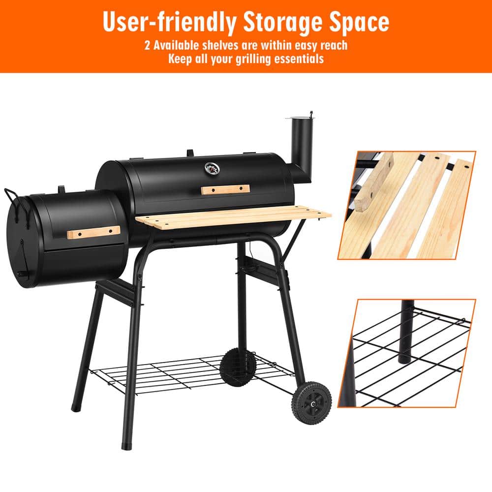 Black Steel Offset Charcoal Grill with Smoker and Wooden Shelf