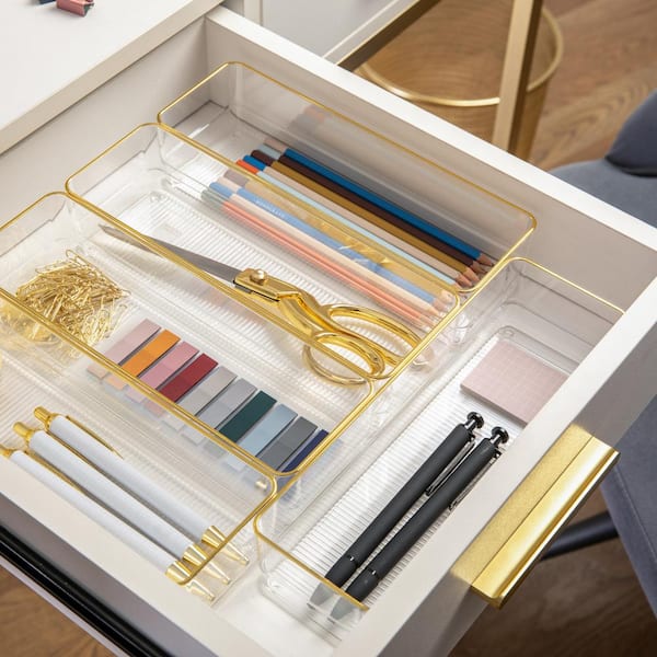 Clear Acrylic Stackable Drawer Organizers Gold Trim Set of 6