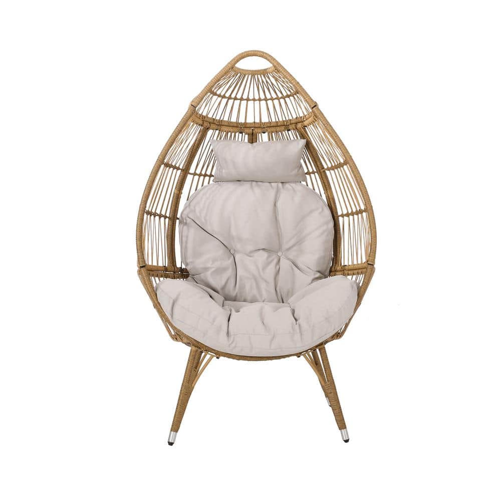 Natural Faux Rattan Wicker Iron Outdoor Lounge Chair with Beige Cushion Tea