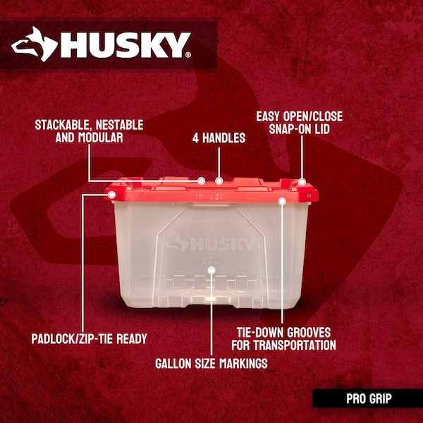 Husky - 27 Gal. Pro Grip Storage Tote in Clear with Red Lid