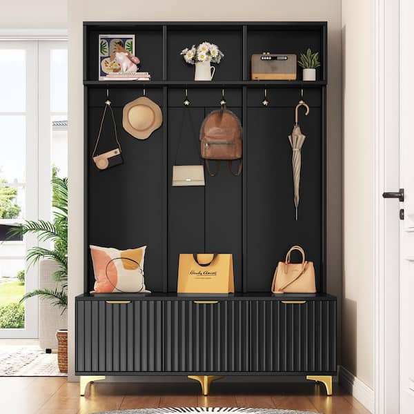 Unbranded 49.6 in. W x 15.7 in. D x 75.4 in. H Black Wood Hall Tree with Bench and 6-Gold Hooks for Entryways Hallways