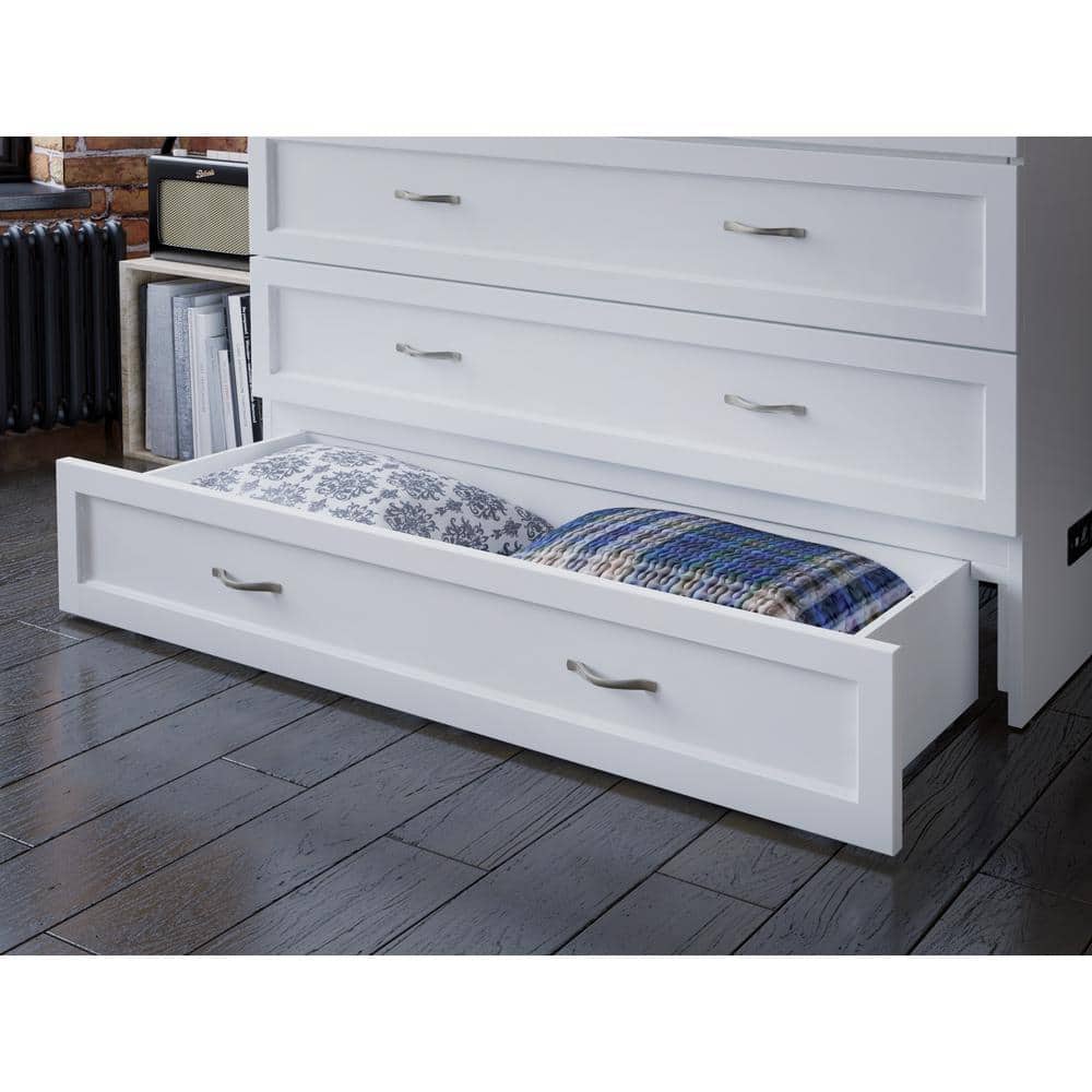 White Wood Frame Full Murphy Bed Chest with Storage Drawer
