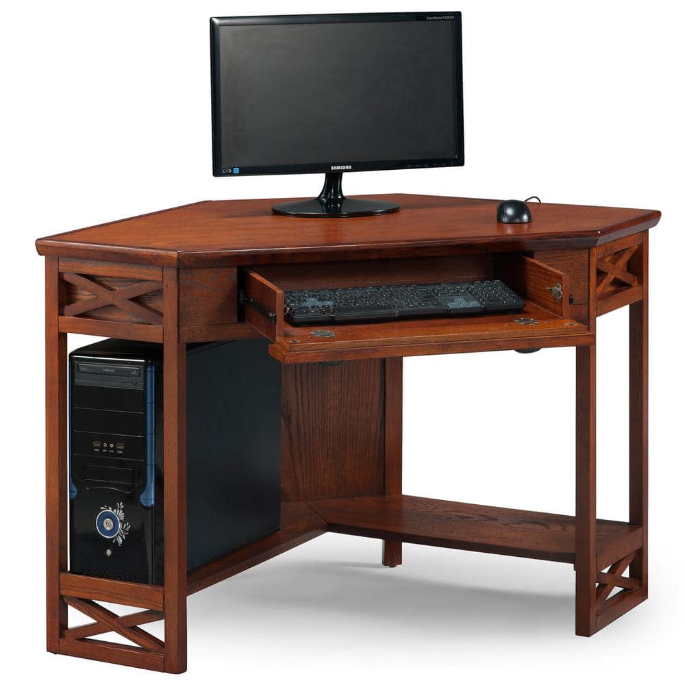 Mission-Inspired Burnished Oak Corner Desk with Keyboard Tray