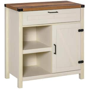 Distressed White Barn Door Buffet Sideboard with 2-Open-Shelves and Doored Cabinet