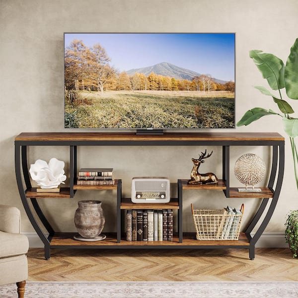 Tabor 70.9 in. Rustic Brown Wood TV Stand Fits TVs up to 55 to 80 in. with Open Storage Shelves Living Room Bedroom