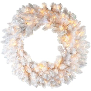 2.5 ft. Artificial Icy Fir Christmas Wreath Arrangement with Cool White LED Twinkle Lights