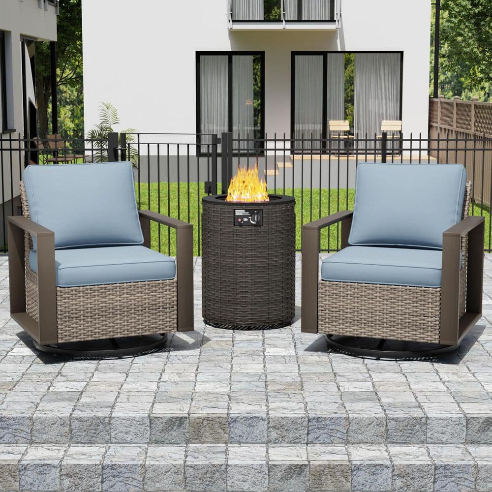 3-Piece Brown Metal Arm Frame Outdoor Fire Pit Patio Sets Rocking Swivel Chairs with Light Blue Cushions and Fire Pit price history on PriceWatchPro
