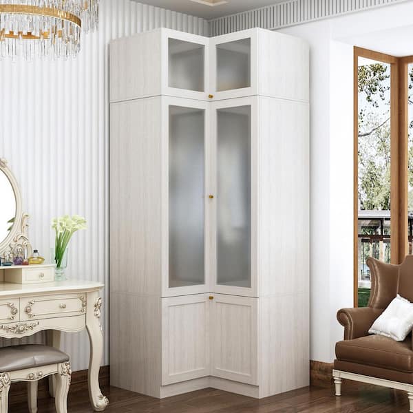 Light Oak Wood 35.4 in. Bedroom Armoire with Frosted Glass Doors, Hanging Rod and Adjustable Storage Shelves