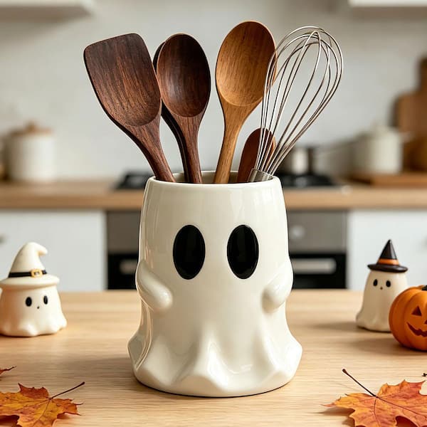 White Cute Halloween Utensils Holder, Ceramic Utensils Crock, Rustic Farmhouse Indoor Kitchen Decorations