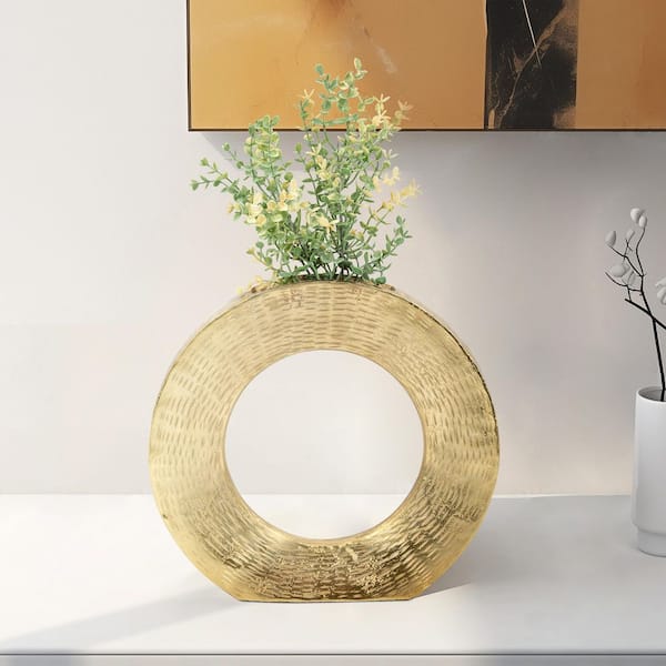 11 in. Gold Metal Round Open Cut Out Decorative Vase