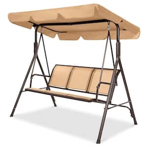 68 in. W x 64 in. H Tan Metal 2-Seater Patio Swing With Adjustable Canopy