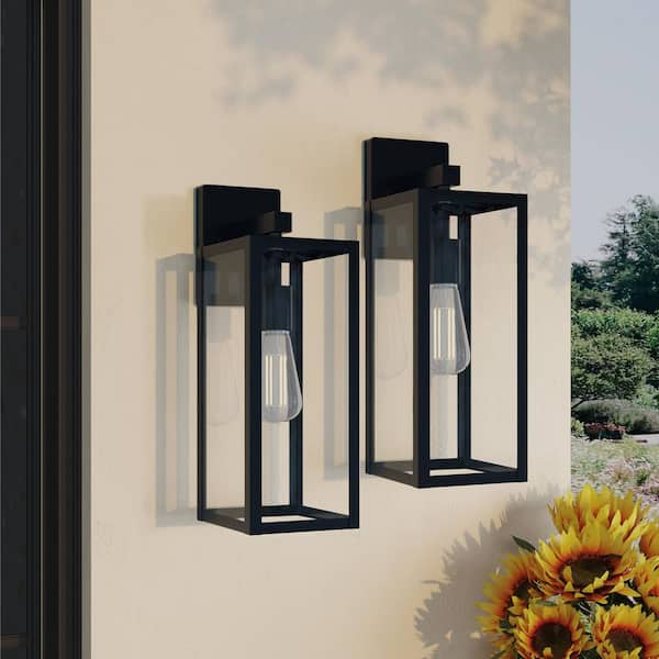 Hukoro Martin 17.5 in. 1-Light Matte Black Finish Hardwired Outdoor Wall Lantern Sconce with No Bulbs Included (2-Pack)