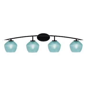 Siena 40 in. 4-Light Matte Black Vanity-Light with 6 in. Turquoise Textured Glass Shades No Bulbs Included