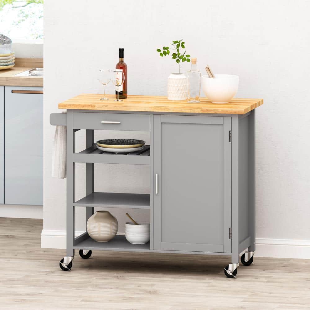 Contemporary Grey Wood Kitchen Cart with Storage and Casters