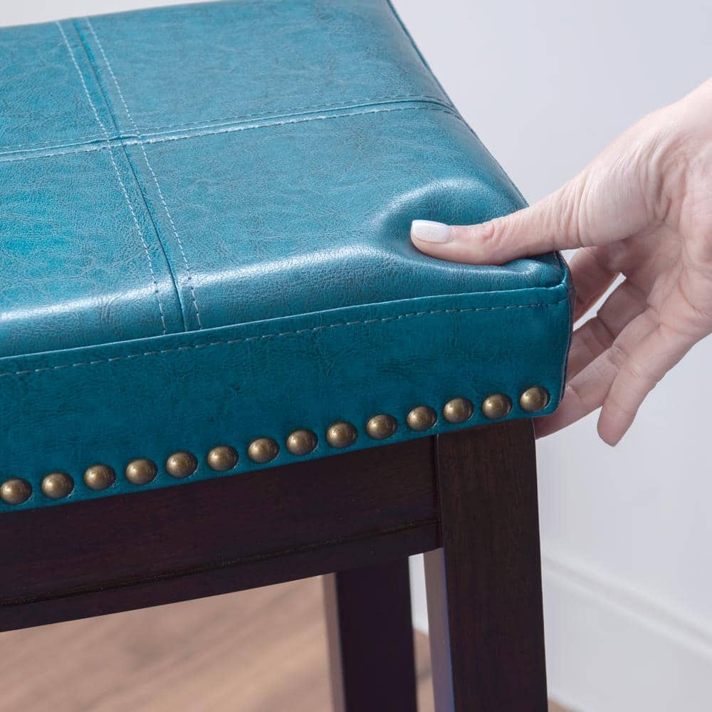 Claridge Dark Brown & Blue Faux Leather 32" Backless Saddle Bar Stool