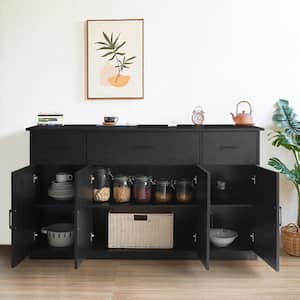Black Particle Board 56 in. Buffet Kitchen Storage Cabinet Sideboard with 4-Doors, 3-Drawers