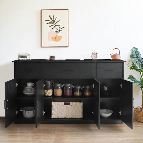 56 in. Black Accent Buffet Cabinet with Storage, Particle Board Top Kitchen Cabinet with 4-Doors and 3-Drawers