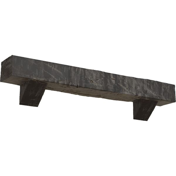 Ekena Millwork 4 in. x 4 in. x 7 ft. Hand Hewn Faux Wood Fireplace Mantel Kit with Breckinridge Corbels, Aged Cedar