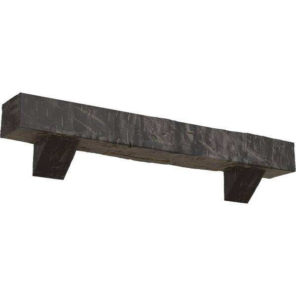 Ekena Millwork 6 in. x 10 in. x 4 ft. Hand Hewn Faux Wood Fireplace Mantel Kit, Breckinridge Corbels, Aged Cedar