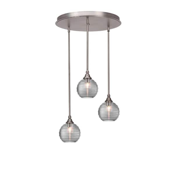 Villa 3 Light Brushed Nickel, Cluster Pendant Light with 10 in. Smoke Ribbed Glass Shades, No Bulbs Included