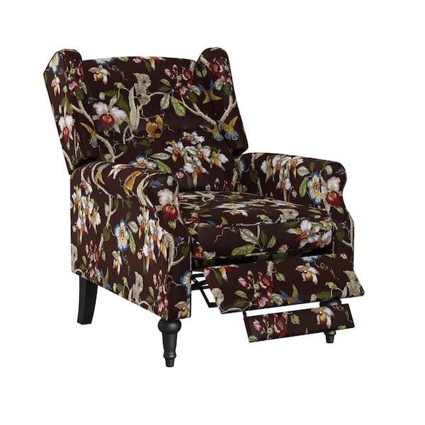 ProLounger Wingback Chocolate Brown Multi-floral with Birds Print Fabric Button Tufted Pushback Recliner
