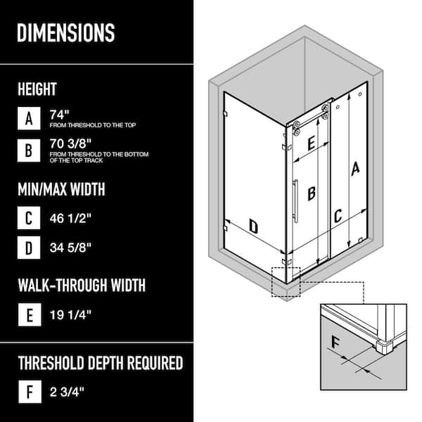 VIGO Winslow 35 in. L x 46 in. W x 74 in. H Frameless Sliding