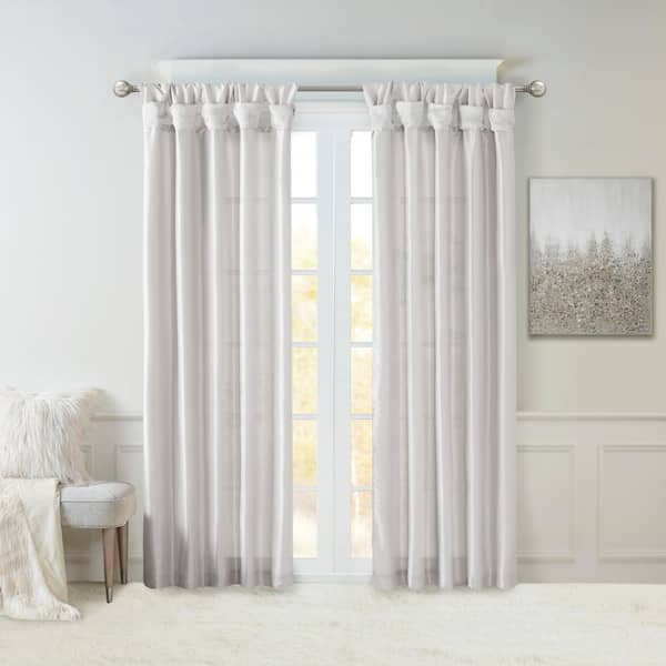 Natalie Silver Solid Polyester Faux Silk 50 in. W x 84 in. L Room Darkening Twisted Tab Curtain with Lining