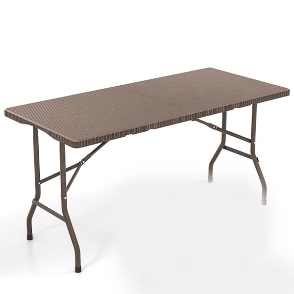 5FT Folding Picnic Table with Rattan Grain HDPE Tabletop and Sturdy Metal Fame-Coffee