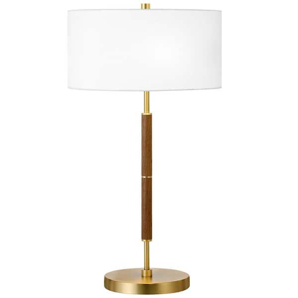Simone 25 in. Brass and Rustic Oak 2-Bulb Table Lamp