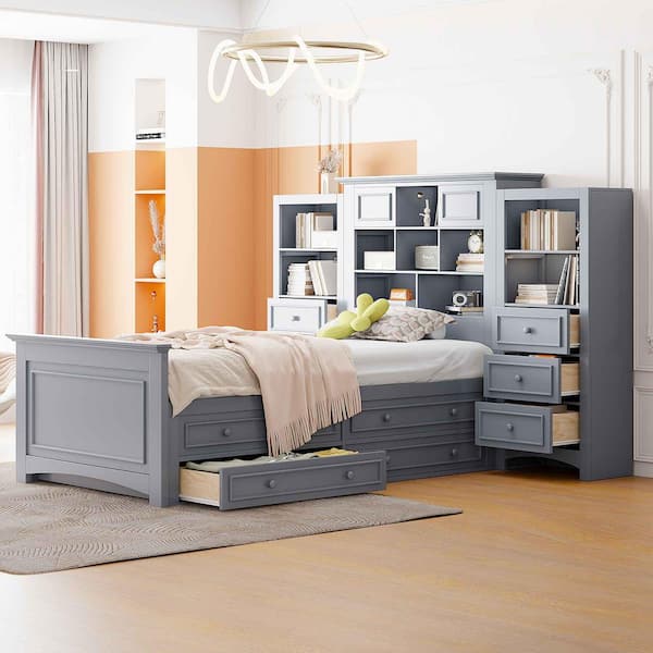 Polibi Gray Wood Frame Twin Size Platform Bed with Vertical All-in-One Cabinet and 4 Drawers