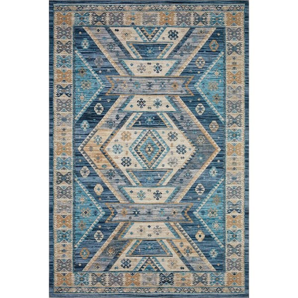 Loloi Zion Ocean/Gold 7 ft. 6 in. x 9 ft. 6 in. Southwestern Tribal Printed Runner Rug