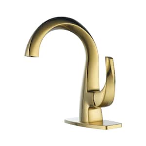 4 in. Solid Brass Single Handle Single Hole High Arc Bathroom Faucet with Deckplate and Drain Kit in Brushed Gold