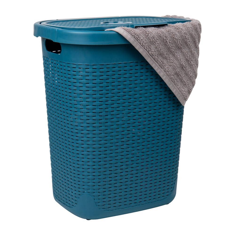 Blue Wicker Design Plastic Upright Hamper with Lid