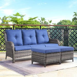 Carolina 3-Piece Wicker Outdoor Couch with Blue Cushions