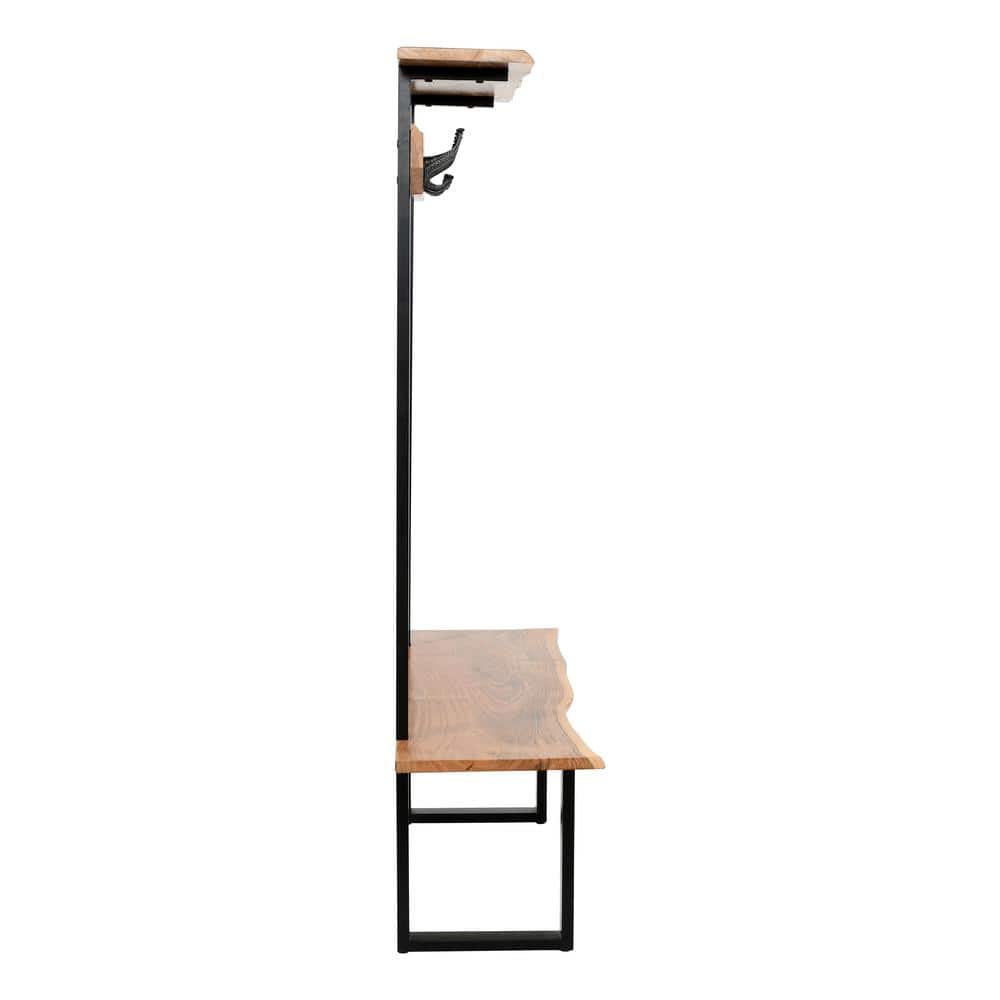 Natural Acacia Wood Hall Tree with Metal Hooks and Shelves