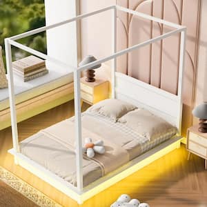 White Wood Frame Full Size Canopy Bed with LED Light and Support Slats