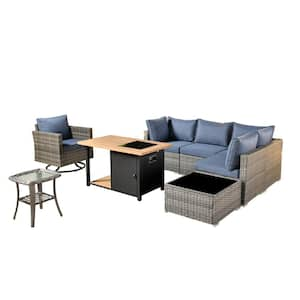 Sanibel Gray 8-Piece Wicker Patio Conversation Sofa Set with a Swivel Chair, a Storage Fire Pit and Denim Blue Cushions