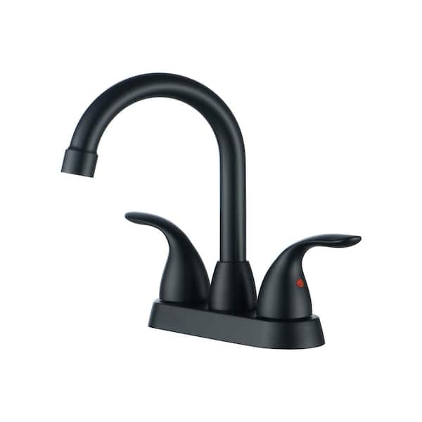 WOWOW 4 in. Center set Double-Handle High Arc Bathroom Faucet with Drain Kit Included in Matte Black