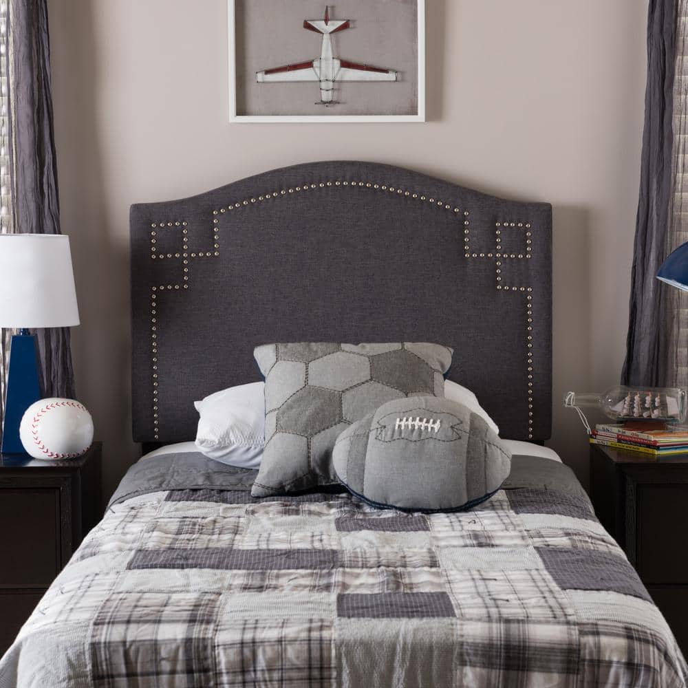 Dark Gray Twin Upholstered Headboard with Nailhead Trim